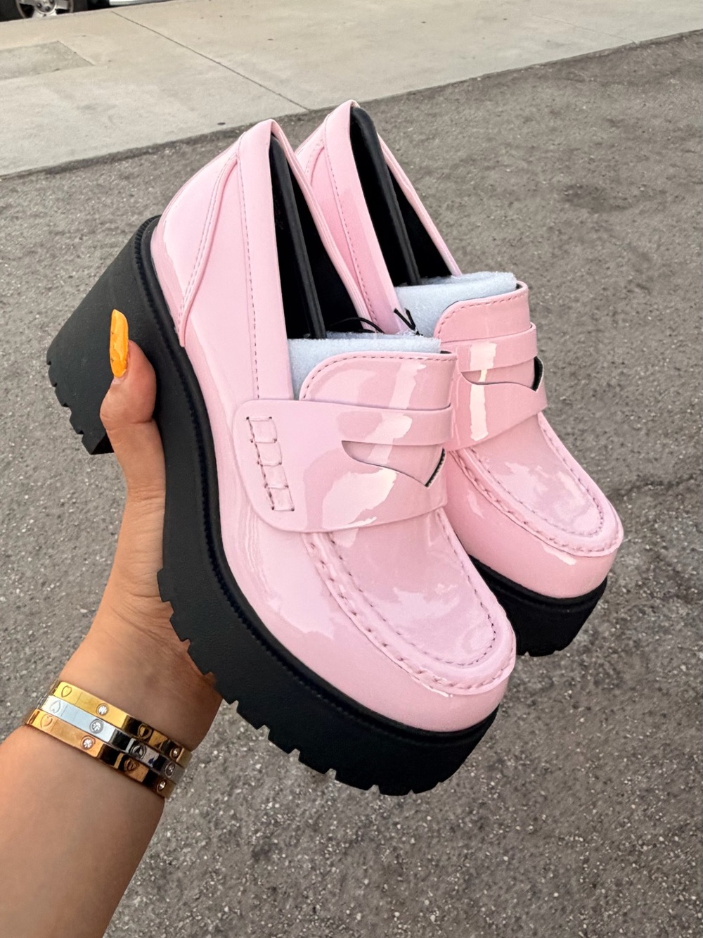 Soda Pink Patent Platform Loafers with Black Lug Sole